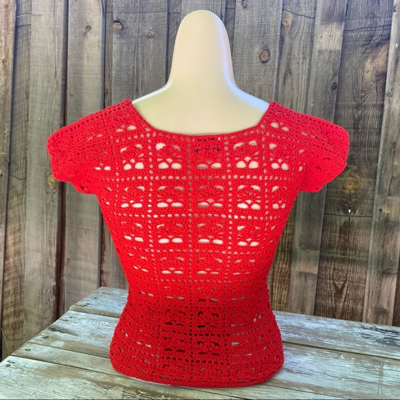 Vintage red crochet top, hollow knit, peek a boo retro shirt, Valentines, XS - Picture 3 of 14
